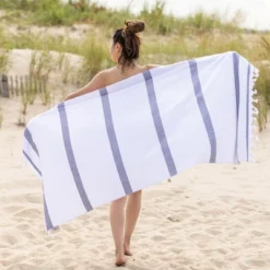 Cotton Oversized Striped Fouta Beach Towel With Tassels By Blue Nile Mills