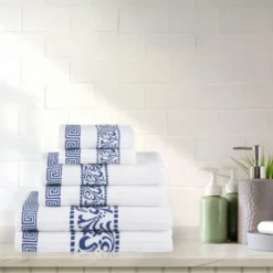 100% Cotton Medium Weight Floral Border Infinity Trim 6 Piece Assorted Bathroom Towel Set By Blue Nile Mills
