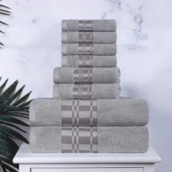 100% Cotton Medium Weight Geometric Border 8 Piece Assorted Bathroom Towel Set By Blue Nile Mills