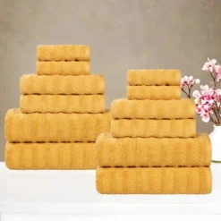 Waffle Textured Stripes Zero Twist Cotton Medium Weight Towel Set By Blue Nile Mills