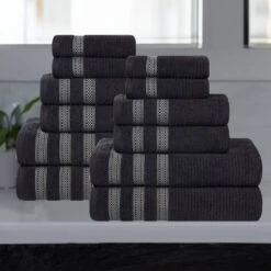 Zero Twist Cotton Ribbed Modern Geometric Border Bathroom Towel Set By Blue Nile Mills