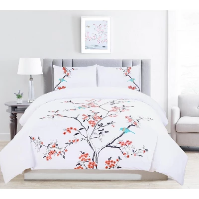 Modern Embroidered Cherry Blossom Floral Cotton Duvet Cover And Pillow Sham Set - Blue Nile Mills 3 Modern Embroidered Cherry Blossom Floral Cotton Duvet Cover And Pillow Sham Set - Blue Nile Mills