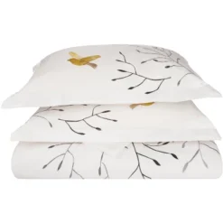 Embroidered Modern Bird And Nature Cotton Duvet Cover And Pillow Sham Set - Blue Nile Mills
